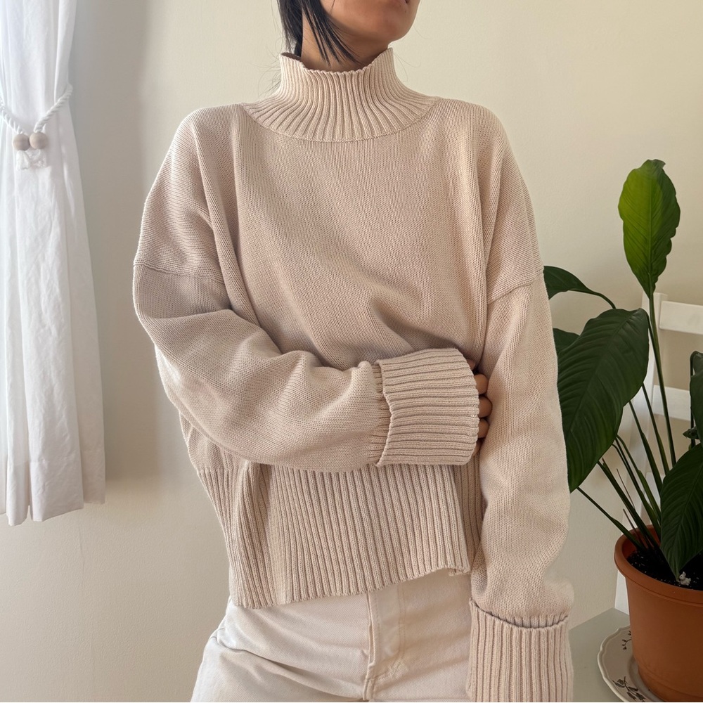 525 America 100% Cotton Ribbed High Neck Cream Knit Sweater Loose Fit Size S - Picture 6 of 9